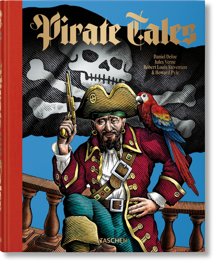 Cover of Pirate Tales book featuring an engraving style illustration of a pirate holding a musket with a parrot on his shoulder.